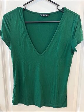 SHEIN Emerald Green Deep V-Neck Short Sleeve Tee
